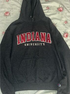 Champion Dark Gray Hoodie with Red & White Indiana University Logo
